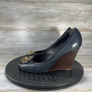 Tory Burch Women's Selma Blue Tumbled Leather Open Toe Wedge Size 7.5